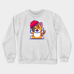 Cute Cat With Ramen Noodle Bowl And Chopstick Cartoon Crewneck Sweatshirt